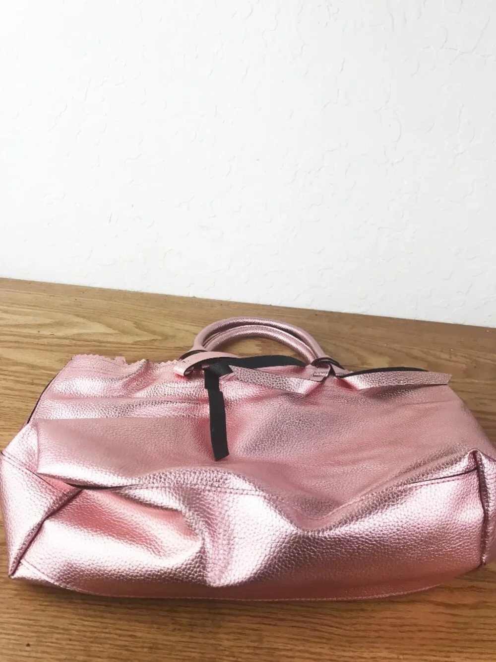 Victoria’s Secret Metallic Pink Tote Bag – Pebbled Faux Leather with Logo Plaque